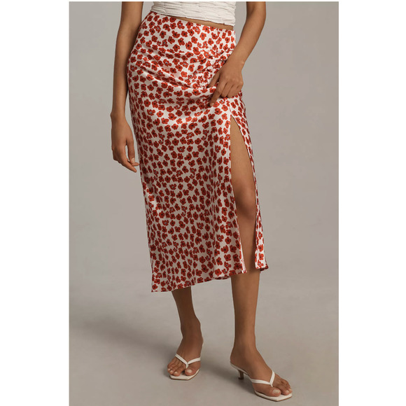 Anthropologie The Mel Ruched Side-Slit Midi Satin Skirt Maeve‎ Sz S Red - Picture 1 of 7